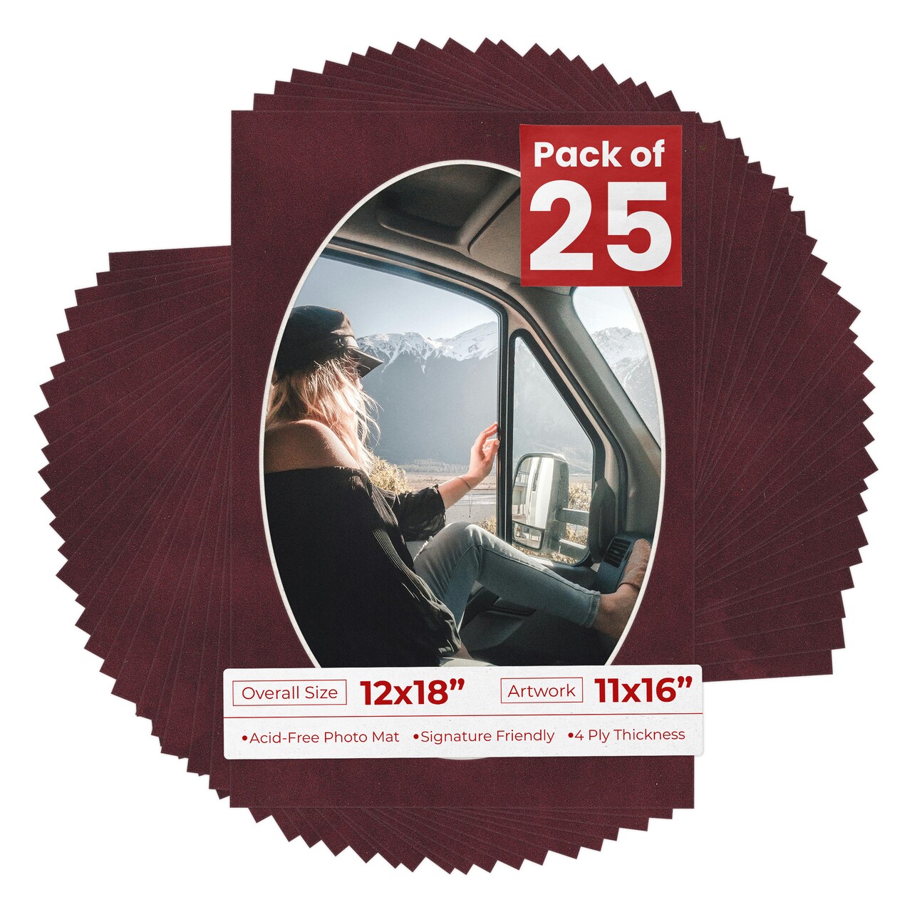 Dark Red Suede Mat Board for 12x18 Frames - Oval Opening for 11x16 Photos